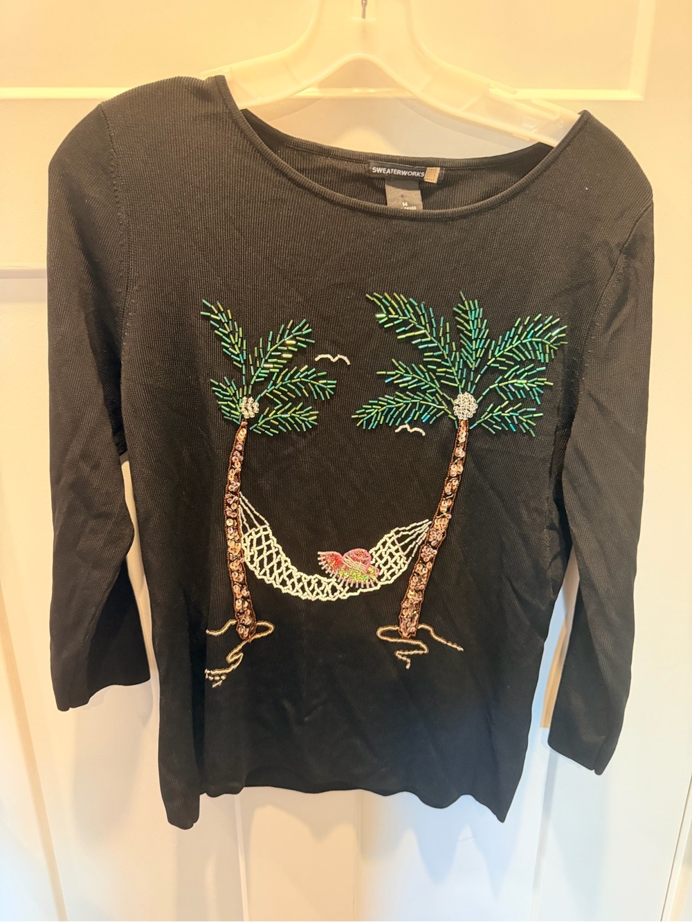 Sweaterworks Beaded Palm Tree Hammock Black Knit Top Size M